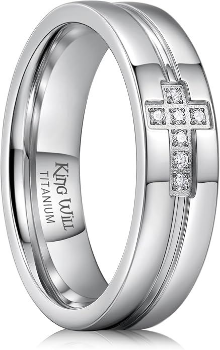 King Will Men's Titanium Wedding Band - 8mm Polished Band with Step Edges and Cross Design Featuring White Zirconia Insets Comfort Fit Size 7-14