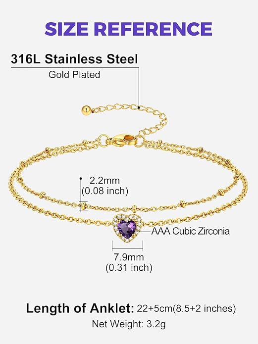Richsteel Double Layer Heart/Butterfly Birthstone Anklet for Women Non Tarnish Waterproof, Silver/Gold/Black Stainless Steel 8.5-10.5 Inch Adjustable Chain Anklets Jewelry Gifts for Her