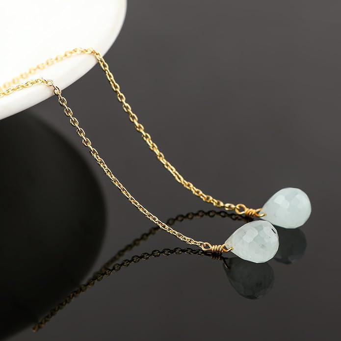 Natural Gemstone Threader Earrings for Women - Dainty 2mm Faceted Beads - Birthstone Crystal Drop Earrings - Silver Plated Healing Jewelry
