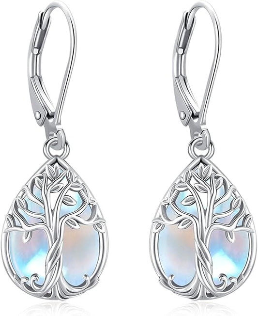 Eusense Sterling Silver Dangle Earrings for Women Tree of Life Animals Moonstone Turquoise Leverback Earrings Jewelry Gifts
