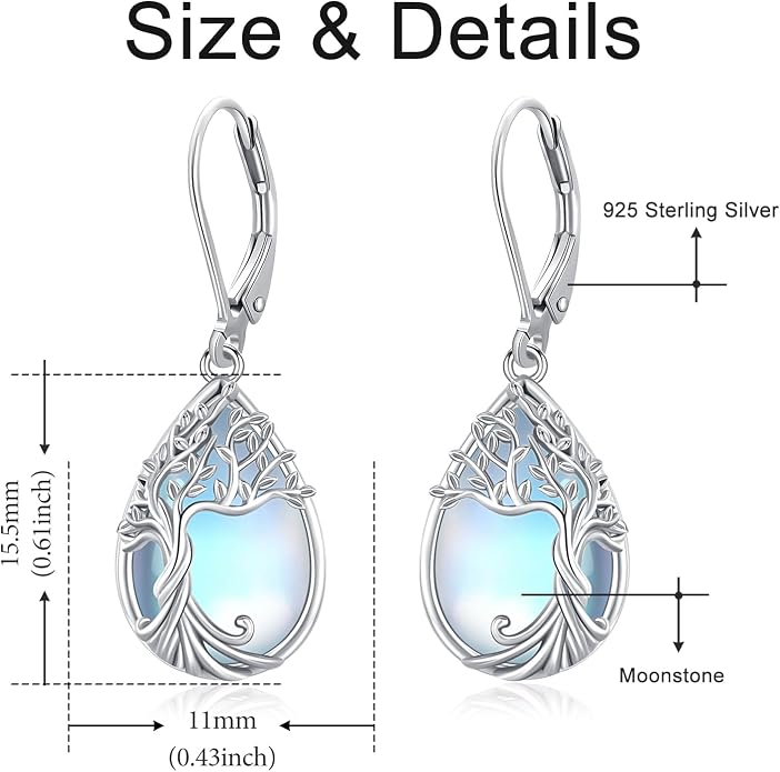Odinstone 925 Sterling Silver Earrings Tree of Life Teardrop Moonstone Dangle Drop Leverback Earrings for Women