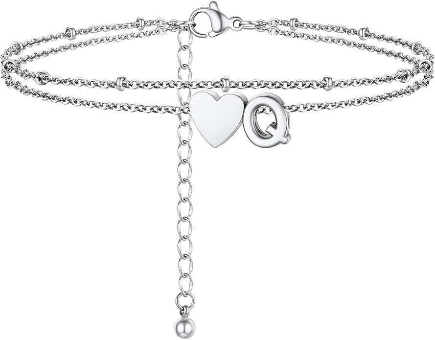 Initial Ankle Bracelets for Women, Dainty Stainless Steel Letter A-Z Layered Anklets, Heart Ankle Bracelet 8.5"-10.5" Adjustable, Summer Beach Jewelry, Come with Box