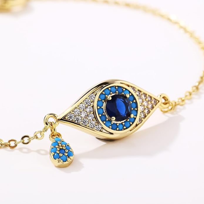 Evil Eye Bracelets for Women Gold Plated Dainty Chain Zirconia Turquoise Charm Adjustable Protective Lucky Link Bracelet Jewelry for Best Friends Sister Travel Birthday Just Because Gift