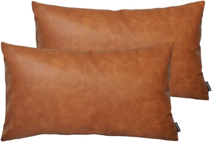 Set of 2 Thick Faux Leather Lumbar Throw Pillow Covers 12x20, Modern Farmhouse Boho Small Long Accent Scandinavian Decor Rectangle Decorative Cushion Cases for Couch Bed Sofa Cognac Brown