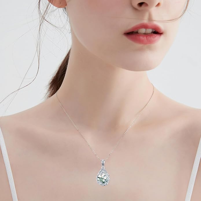Teardrop Moonstone/Turquoise Necklace for Women 925 Sterling Silver Cage Filigree Necklaces Anniversary Birthday Jewelry Gift for Women
