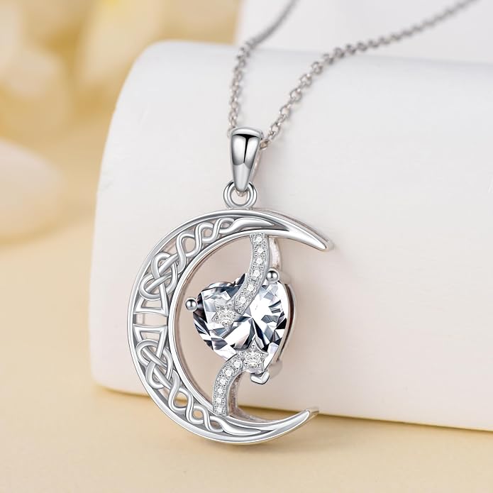 TOUPOP Moon and Star Birthstone Necklace for Women 925 Sterling Silver Celtic Moon Jewelry Birthday Mothers Day Gifts for Mom Wife Her