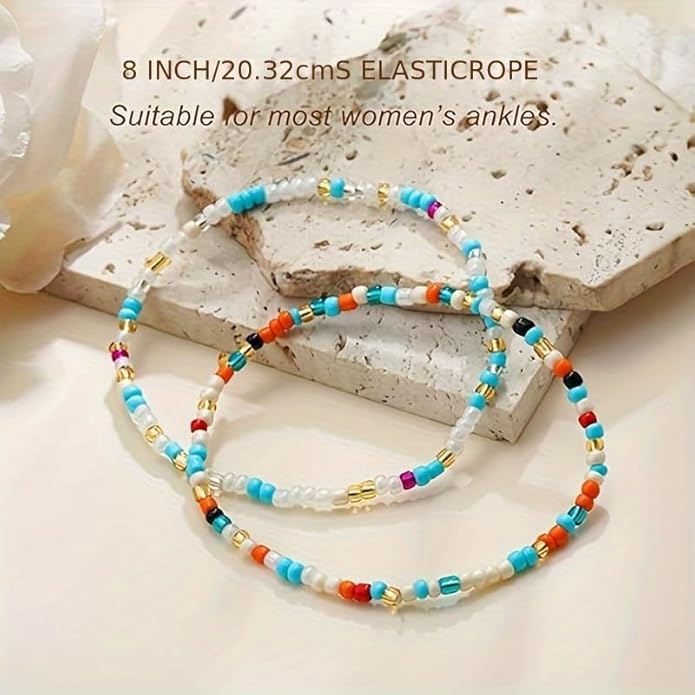 Boho Beads Anklets Set of 2pcs, Waterproof Beach Adjustable Stretch Imitation Turquoise White Pearls Bracelets for Women, Handmade Jewelry Gifts