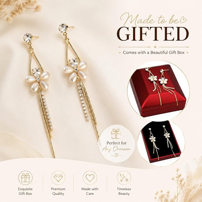 14K Gold Plated Flower Dangle Earrings for Women, Hypoallergenic Cubic Zirconia Long Threader Chandelier Earrings, Elegant Crystal Jewelry for Wedding Bridal Prom Party Gifts