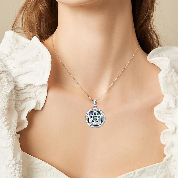 YFN Triple Moon Goddess Necklace Sterling Silver Pentagram Pentacle Opal Pendant necklace Pagan Wiccan Magic Amulet Tree of Life Jewelry for Women Men 18"