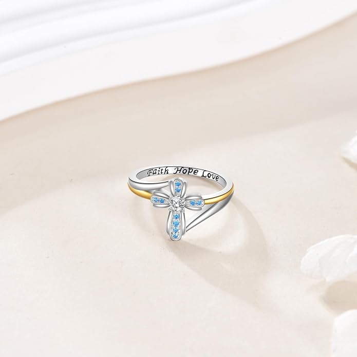 YFN Cross Ring Vintage Tone Sterling Silver With God All Things Are Possible CZ Band Rings Size 6-10