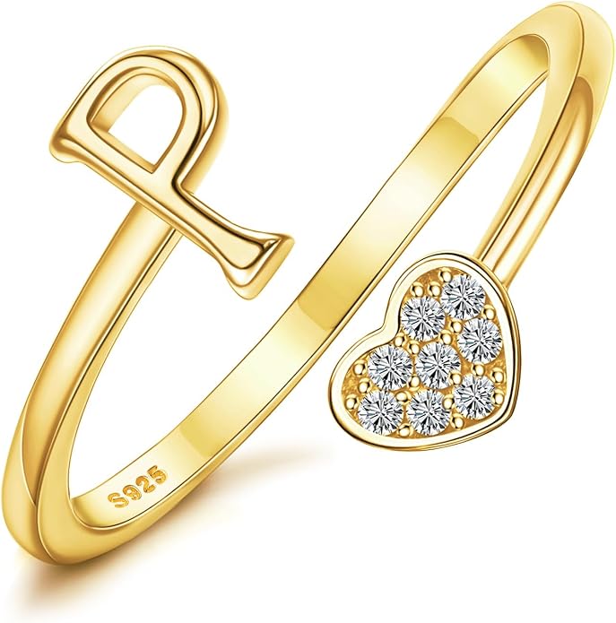 MILACOLATO 925 Sterling Silver Initial Rings for Women Teen Girl 18K Gold Plated Heart Initial Rings Adjustable Capital Letter Ring Stackable Thumb Pinky Rings for Daughter Birthday Bridesmaid Gifts Jewelry, A to Z
