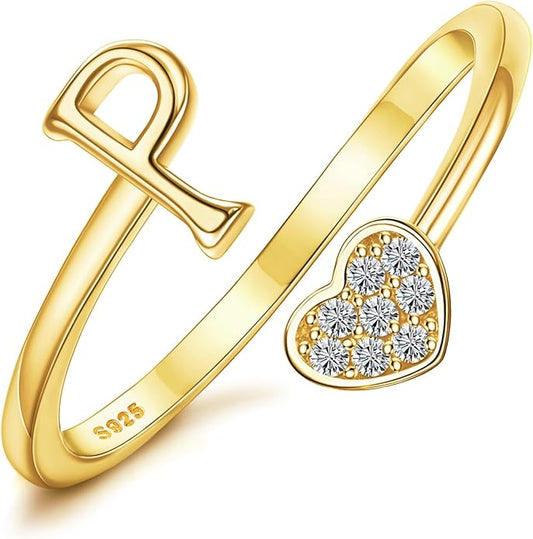 MILACOLATO 925 Sterling Silver Initial Rings for Women Teen Girl 18K Gold Plated Heart Initial Rings Adjustable Capital Letter Ring Stackable Thumb Pinky Rings for Daughter Birthday Bridesmaid Gifts Jewelry, A to Z