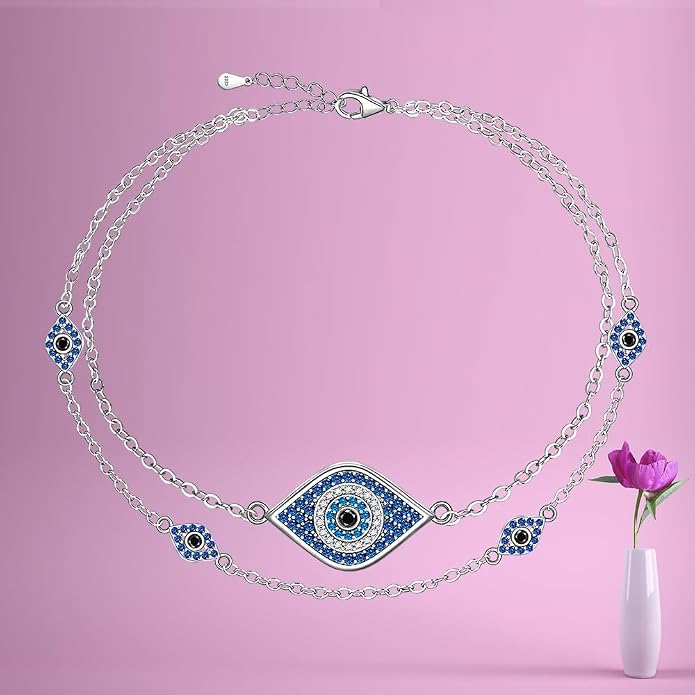 Fenthring Evil Eye Anklet Sterling Silver Protection Turkish Blue Eyes Ankle Bracelets Anklets for Women Chain Jewelry