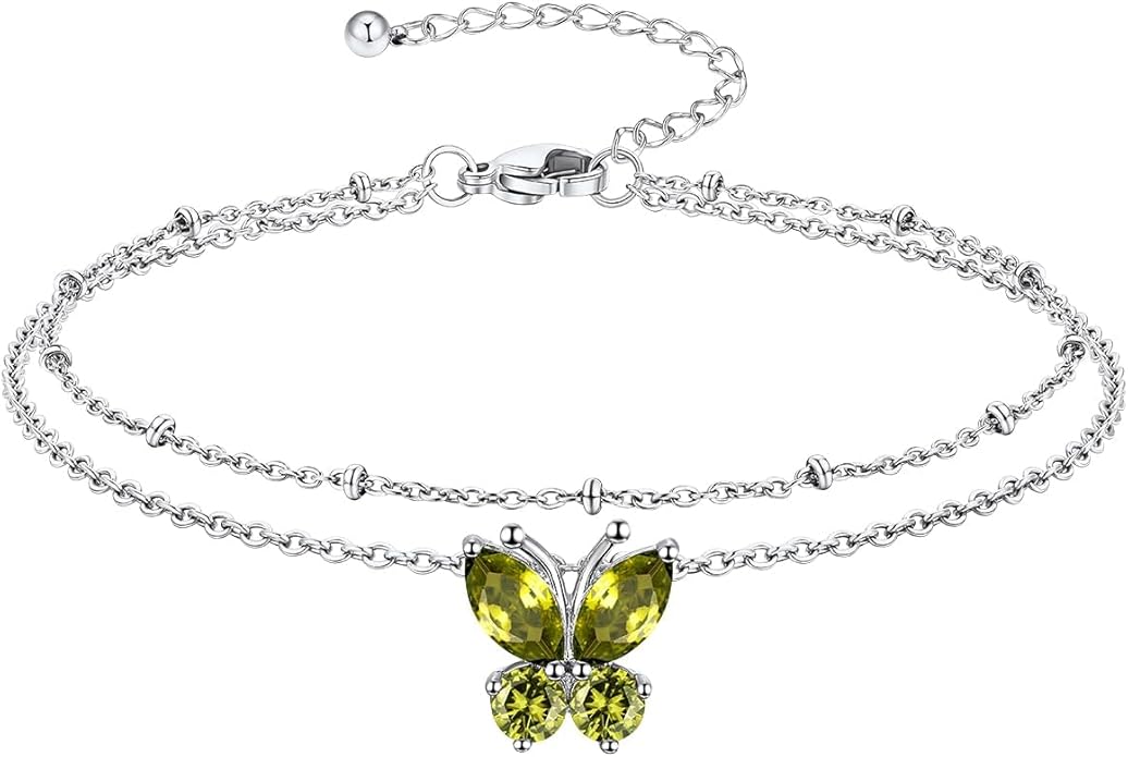 Richsteel Double Layer Heart/Butterfly Birthstone Anklet for Women Non Tarnish Waterproof, Silver/Gold/Black Stainless Steel 8.5-10.5 Inch Adjustable Chain Anklets Jewelry Gifts for Her
