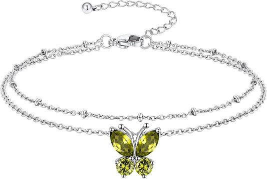 Richsteel Double Layer Heart/Butterfly Birthstone Anklet for Women Non Tarnish Waterproof, Silver/Gold/Black Stainless Steel 8.5-10.5 Inch Adjustable Chain Anklets Jewelry Gifts for Her