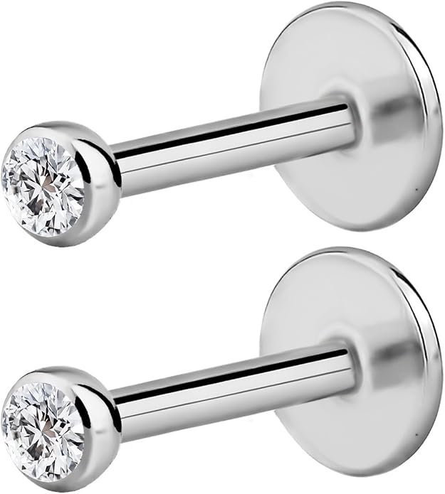 Forbidden Body Jewelry Surgical Steel Earrings Internally Threaded Micro CZ Gem Top Tragus/Helix/Labret Stud with 2mm Top 18G (4mm-10mm)