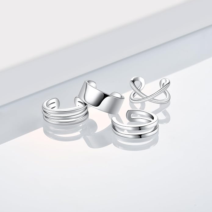 CHIC & ARTSY Sterling Silver Ear Cuff Set - Hypoallergenic, Simple, Adjustable No Piercing Clip on Earrings