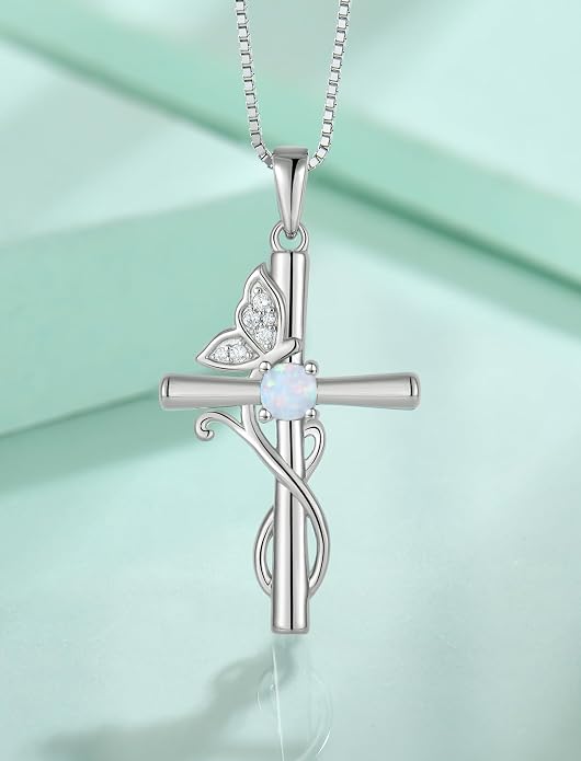 STARCHENIE Butterfly Cross Necklace 925 Sterling Silver Crucifix Pendant Birthstone Jewelry for Women