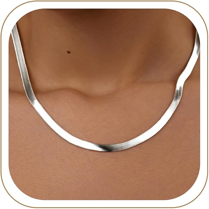 WomenGifts 14K Gold Silver Plated Herringbone Necklace for Women, Dainty Snake Chain Choker, Trendy Simple Long Layered Jewelry Non Tarnish, 3/4/5/8mm,14,16,18,20,22,24,26 Inch Thin & Chunky Options