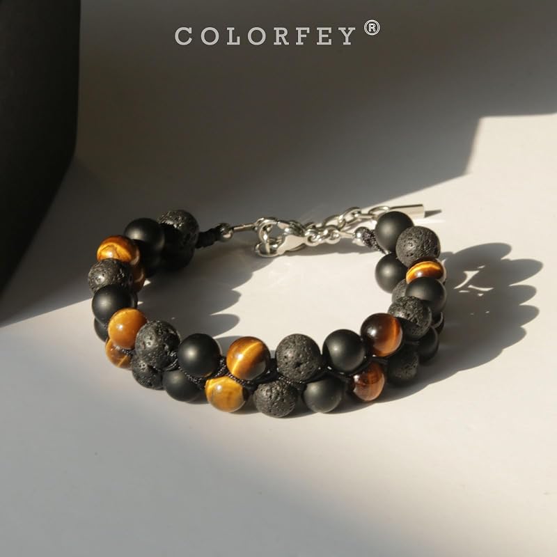 Protection Crystal Beaded Bracelet for Men, Mens Triple Protection Bracelet Tiger Eye Black Onyx Lava Bead Bracelet, Premium Handcrafted 2Row Bracelets Energy Crystal Jewelry for Balance