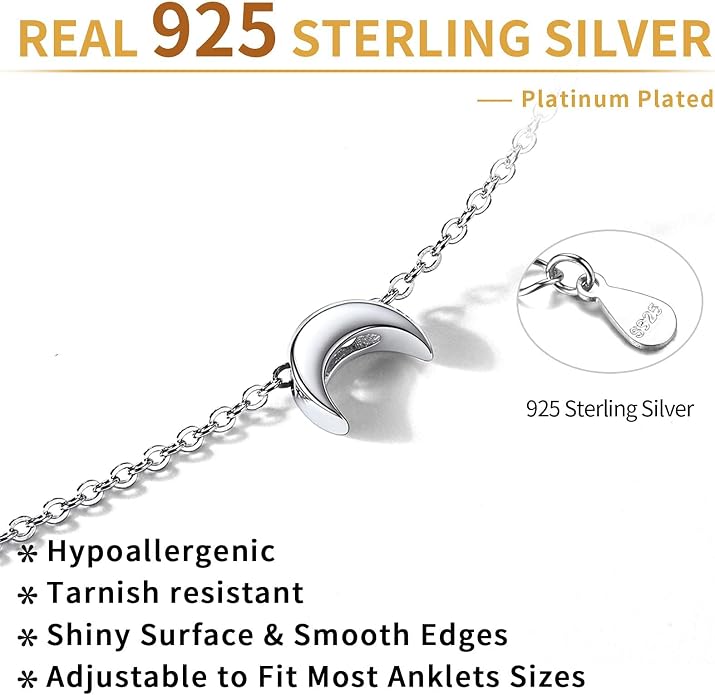 ChicSilver Personalized 925 Sterling Silver Tiny Heart/Moon/Star/Sun/Dot/Triangle Anklets Simple Dainty Foot Jewelry for Women, Silver/Gold Plated/Rose Gold Plated