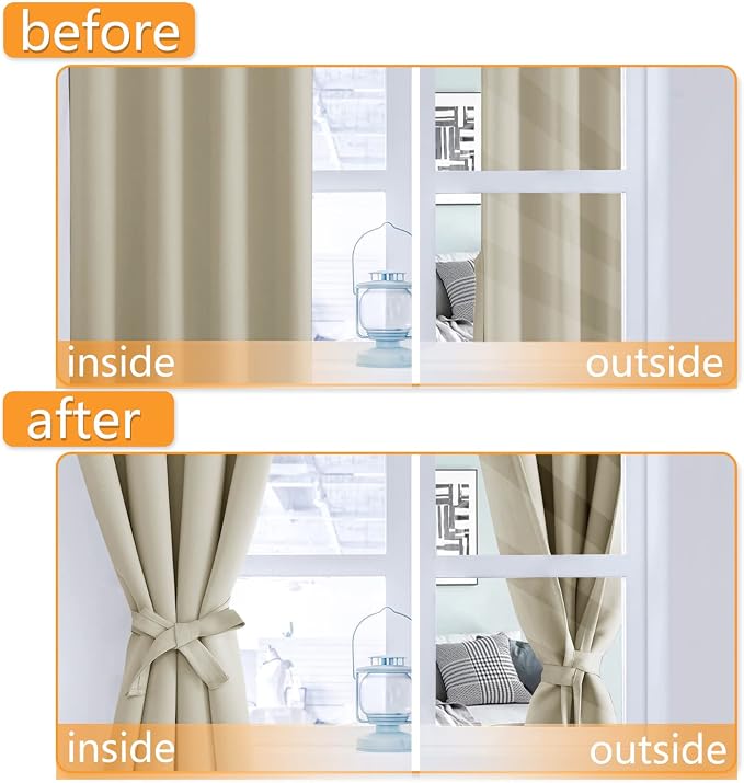 Hiasan Blackout Curtains for Bedroom, 60 x 63 Inches Length - Thermal Insulated & Light Blocking Window Curtains for Living Room, 2 Drape Panels Sewn with Tiebacks, Light Beige