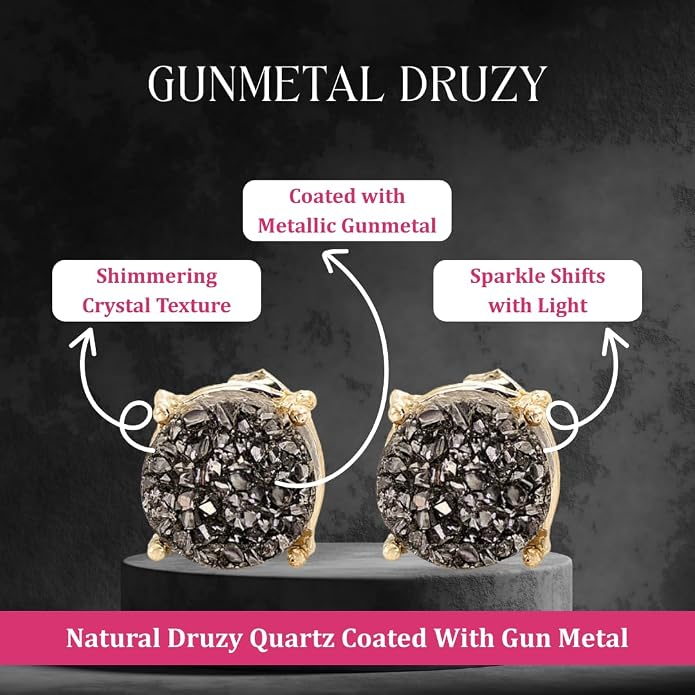 Gempires Gemstone Druzy Stud Earrings for Women 14k Gold Plated Handmade Prong Set Studs Raw Crystal Hypoallergenic Jewelry Minimalist Every Ocassion Gift