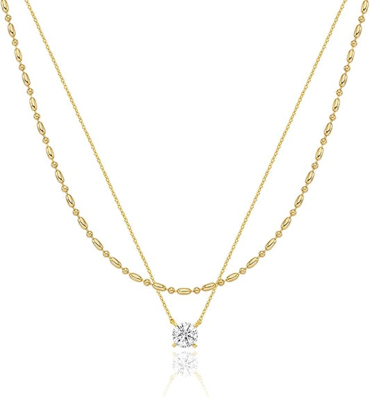 OZEL JEWELRY & GIFT Layered Gold Necklaces for Women - Crystal Colorful Delicate Cutting Pendant Necklace - 18K Gold Plated - Birthday Gifts (Made in Korea)
