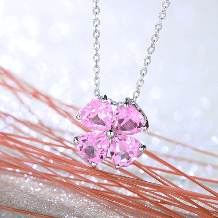 JIANGXIN Colorful Birthstone 925 Sterling Silver Handmade Pendant Necklace for Women Lucky Four Leaf Clover Plant Shamrock Jewelry Rhodium Plated