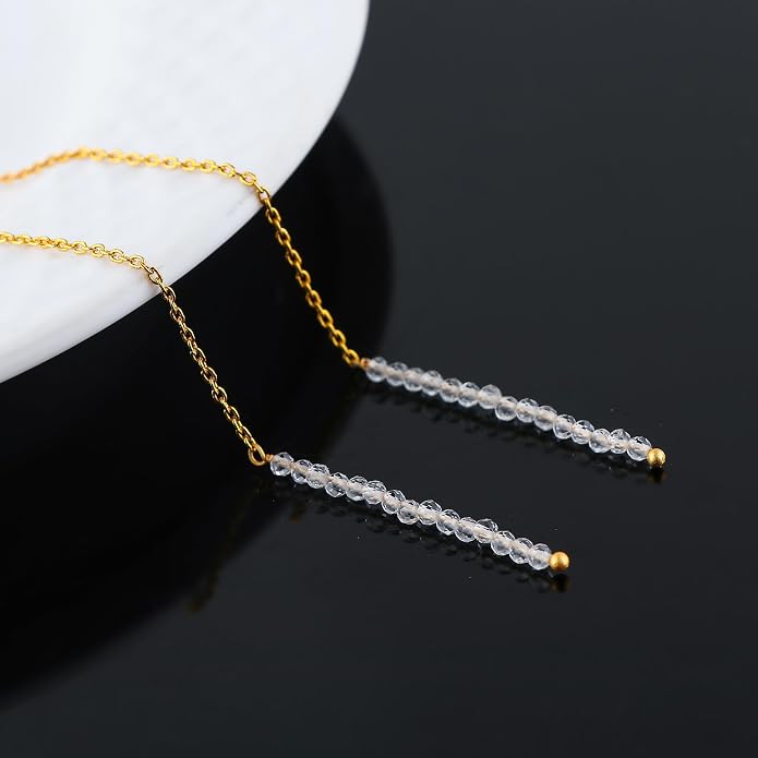 Natural Gemstone Threader Earrings for Women - Dainty 2mm Faceted Beads - Birthstone Crystal Drop Earrings - Silver Plated Healing Jewelry