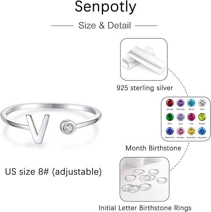 925 Sterling Silver Initial Letter Birthstone Rings for Women Adjustable 1-12 Month Birthstone Alphabet Stacking Ring for Teens Girls Stackable Birthstone Rings Birthday Jewelry Gift for Daughter Mom