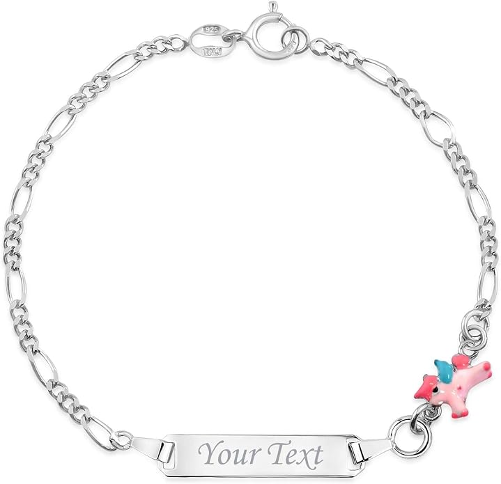 UNICORNJ 925 Italy Sterling Silver Child or Baby Name Bracelet Girls Boys, Personalized Engraved Kids ID Bracelets, 6.5" Figaro Chain, Enamel Charm Newborn Infant Toddler Kid Jewelry