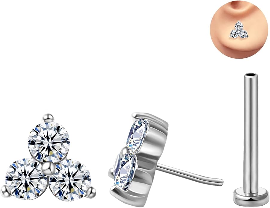FANSING Cartilage Earring Tragus Stud Trio CZ Stone Flat Back Earring for Helix Conch Threadless Push Pin Labret Stud