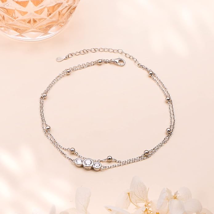 Flyow Anklet for Women S925 Sterling Silver Adjustable Foot Beaded Heart Charm Ankle Bracelet Anklets Jewelry