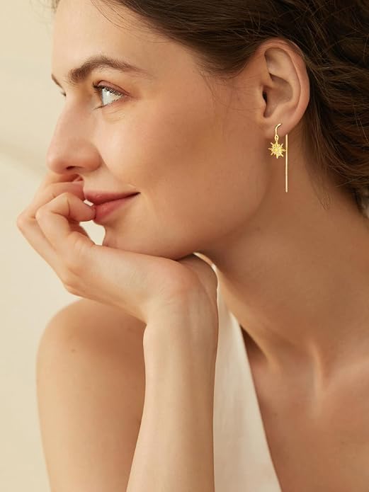 TANGPOET Sun Moon Star Threader Earrings for Women 925 Sterling Silver Synthetic Opal Long Chain Thread Earrings Hypoallergenic Celestial Jewelry Gifts for Birthday Mother's Day Christmas