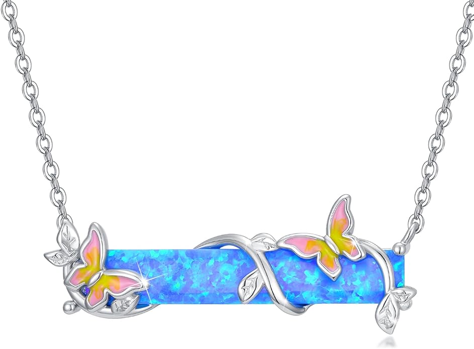 Bar Opal Leaf Necklace For Women S925 Sterling Silver White Opal Pendant with Leaf Charm Bar Pendant Jewelry Gift For Mom Daughter Wife