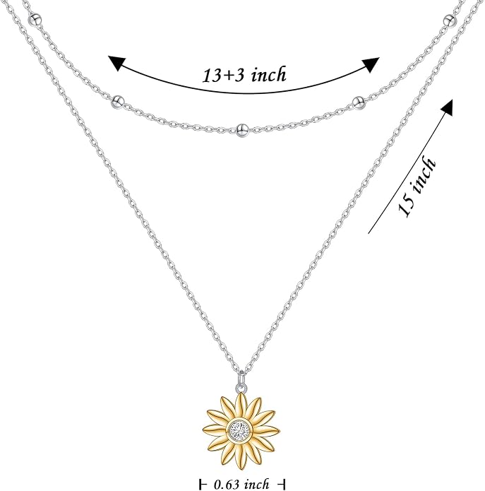 FLYOW Layered Choker Necklace S925 Sterling Silver Star Full Moon Daisy Flower Pendant Disc Jewelry Adjustable Clavicle Necklaces for Women Girls Birthday Gifts
