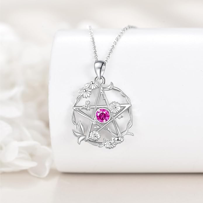 Birthstone Pentagram Necklace for Women 925 Sterling Silver Pentacle Daisy Pendant Pentacle Jewelry Birthday Gifts