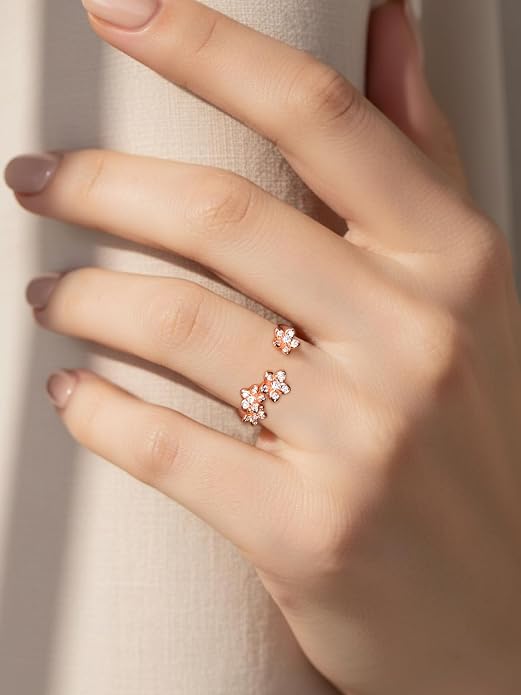 Moissanite Flower/Butterfly/Star Pretty Open Ring for Women, Adjustable Ring, Solid 925 Sterling Silver with Gold Plated, Stackable Ring, Birthday Valentines Anniversary Mothers Day Ideal Gift for Her
