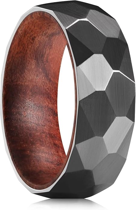 King Will 6/8mm Wedding Band for Men, Silver/Black Hammered Titanium Wedding Ring Inlaid Wood Inner Hole, Wedding Band for Men Matte Brushed Comfort Fit 7-14