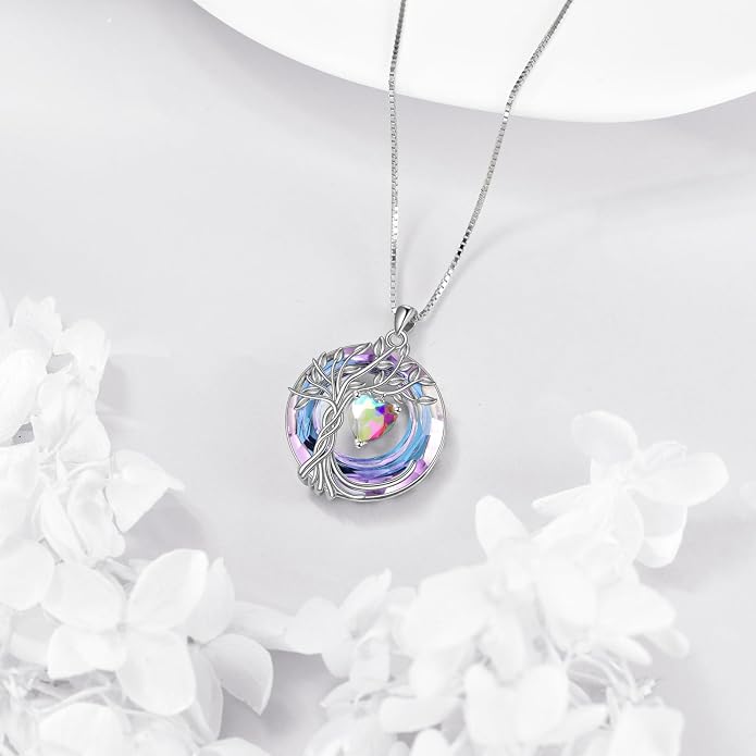 POPLYKE Mothers Day Gifts for Mom Her Wife Tree of Life Necklace 925 Sterling Silver Birthstone Pendant with Crystal Anniversary Birthday Wedding Jewelry for Women