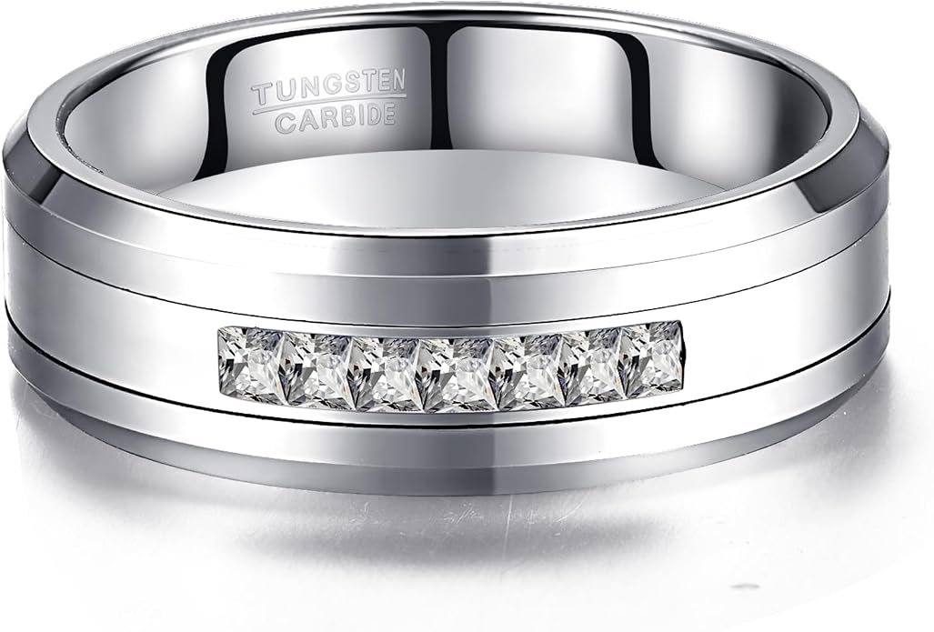 NUNCAD 8 MM Men's Tungsten Carbide Rings Wedding Band with 7 Large Channel Set Cubic Zirconia Size 7 to 12