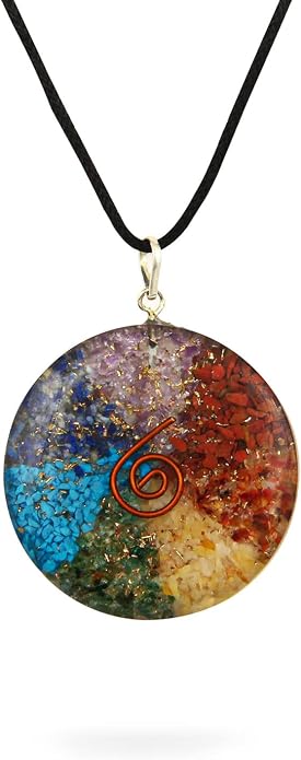 Ayana Crystals Orgonite Chakra Pendant Necklace – Ethically Sourced Authentic Healing Stones - Disk Hex Design with 7 Types of Bionized Crystals for Each Chakra - Unique Necklace for Women