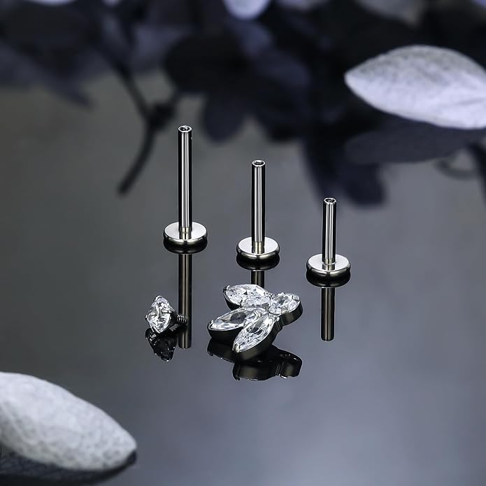 Ruifan Titanium Flat Back Lip Rings Internally Threaded Earrings Studs Nose Rings 16G Opal CZ Tragus Cartilage Lobe Rook Helix Conch Labret Medusa Piercing Jewelry for Women Men W Piercing Taper Set