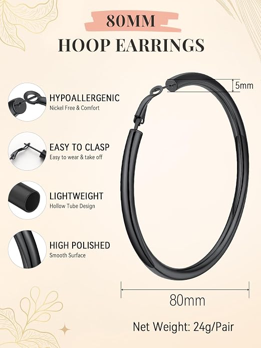 FaithHeart Chunky Hoop Earrings for Women, Silver/Black/14K Gold Plated Stainless Steel Earrings 5mm Thick Hollow Tube Hoops Hypoallergenic Lightweight Earring 20/30/40/50/60/70/80mm