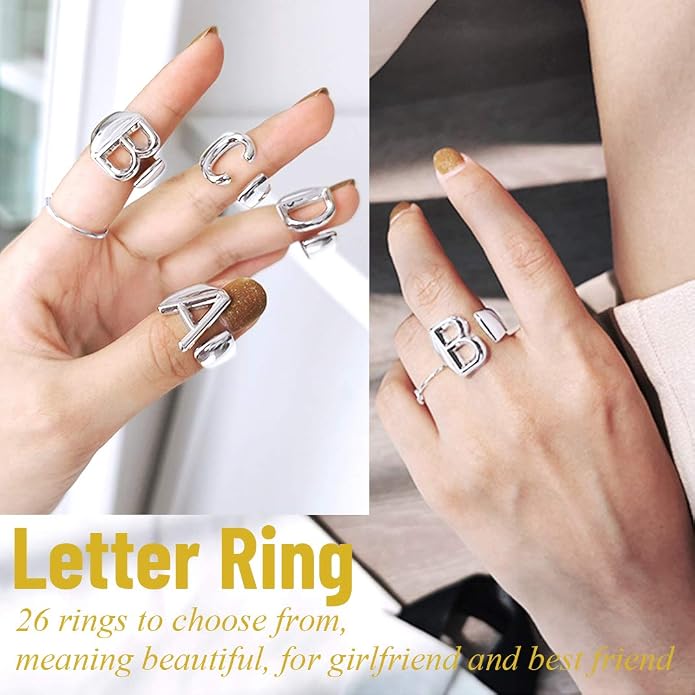 KeyStyle Bold Initial Letter Rings Adjustable, GoldChic Jewelry Women Gold Statement Ring Personalized Engraved Women’s Open Signet Ring for Party (Gold, White Gold, Black)