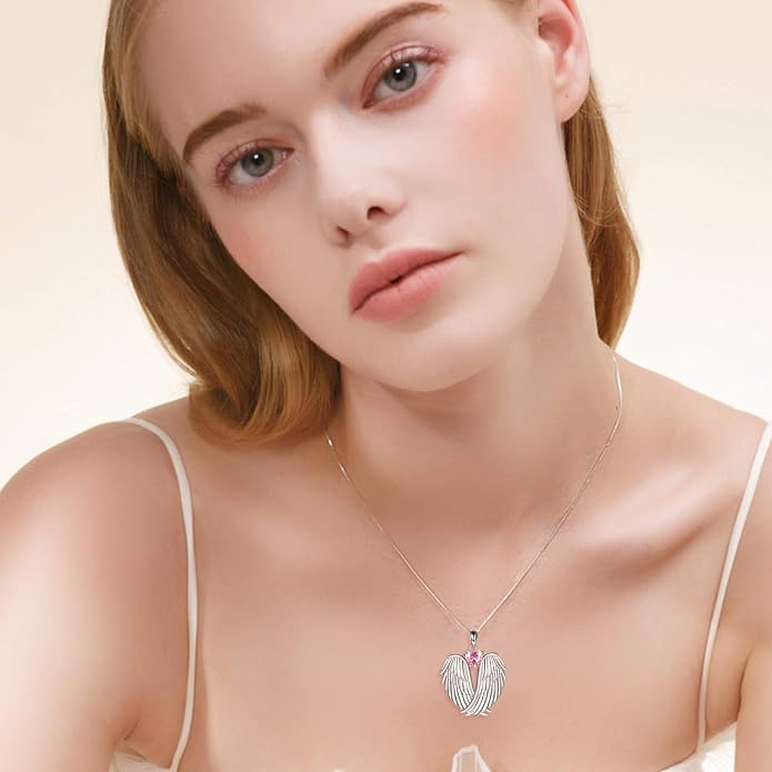 YFN Angel Wings Necklace 925 Sterling Silver Guardian Angel Wings Pendant Necklace Birthstone Necklace for Women Girls Christmas Jewelry Gifts