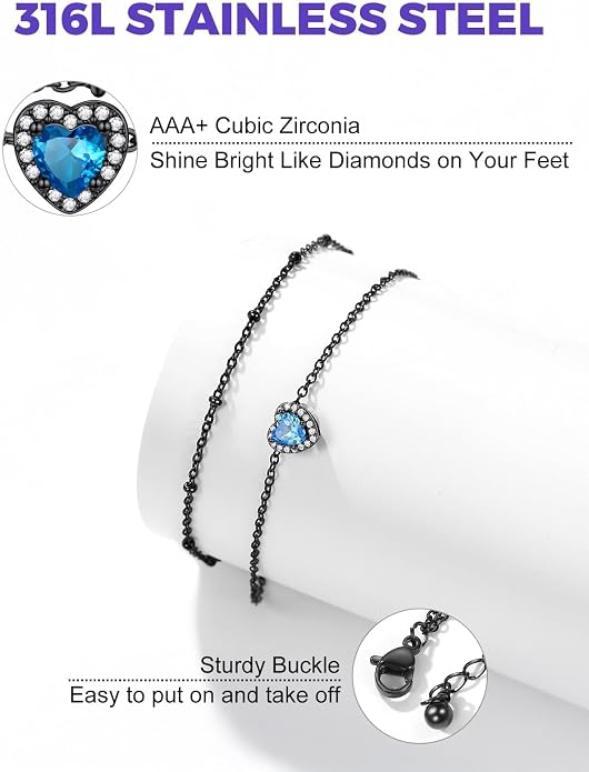 Richsteel Double Layer Heart/Butterfly Birthstone Anklet for Women Non Tarnish Waterproof, Silver/Gold/Black Stainless Steel 8.5-10.5 Inch Adjustable Chain Anklets Jewelry Gifts for Her