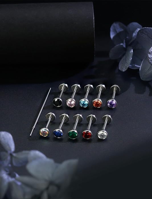 20G 18G 16G Astm F136 Titanium Threadless Flat Back Earrings Nose Studs Tragus Helix Conch Cartilage Lobe Earrings Medusa Labret Snake Bite Monroe Lip Ring Piercing Jewelry For Women Men