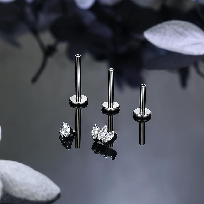 Ruifan Titanium Flat Back Lip Rings Internally Threaded Earrings Studs Nose Rings 16G Opal CZ Tragus Cartilage Lobe Rook Helix Conch Labret Medusa Piercing Jewelry for Women Men W Piercing Taper Set